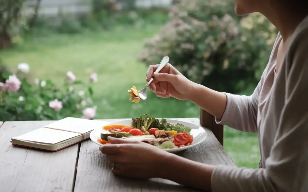 A person sitting at a table practicing mindful eating during the 3 month pre bariatric surgery diet