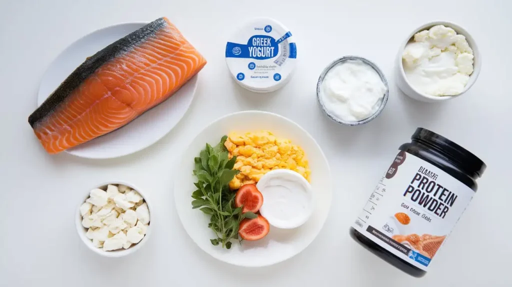 Protein sources for bariatric stage 3 diet recipes, including fish, eggs, and yogurt