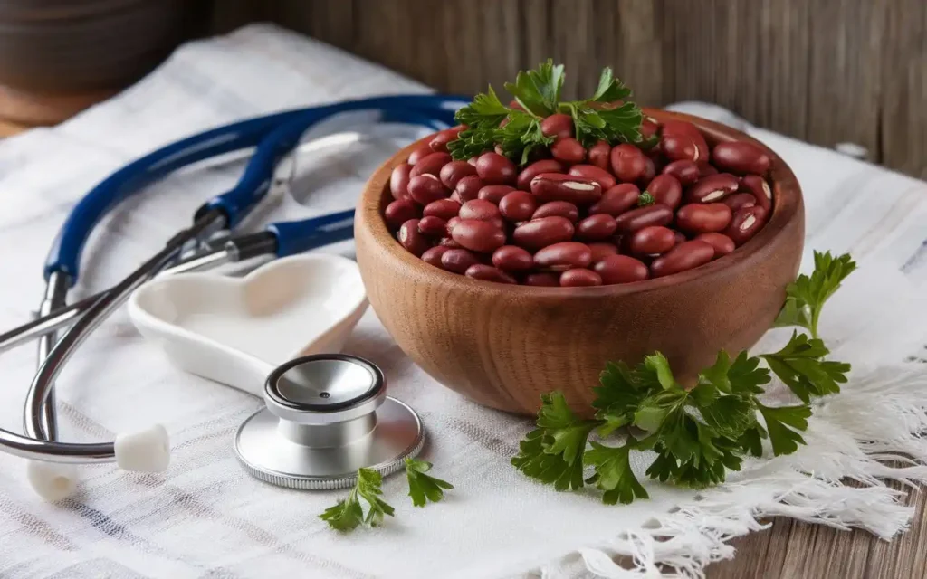 Heart-healthy beans in a wooden bowl on a table