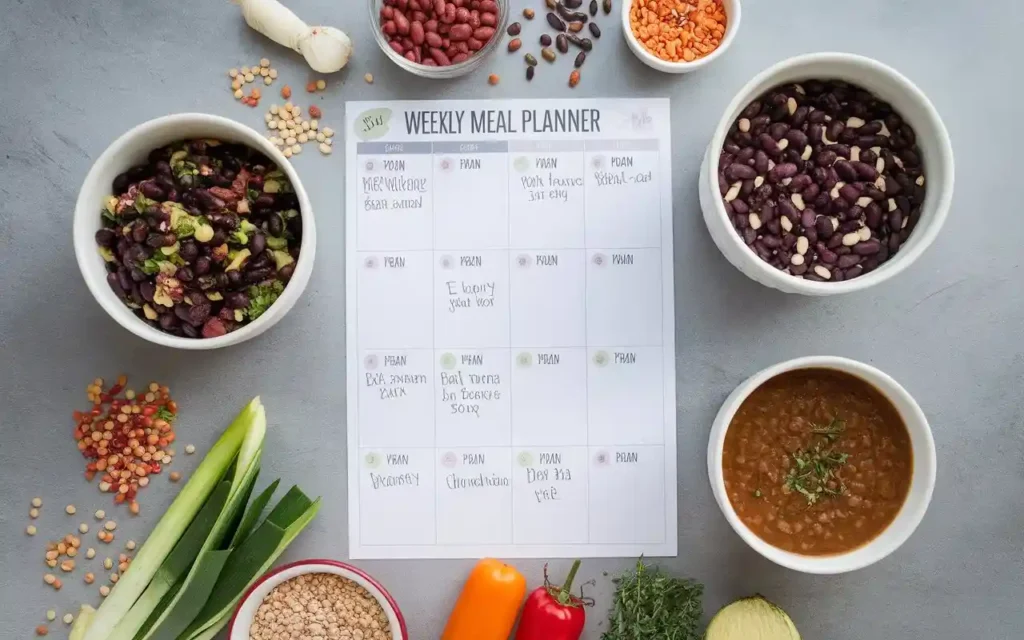 A weekly meal planner with bean-based dishes written on it