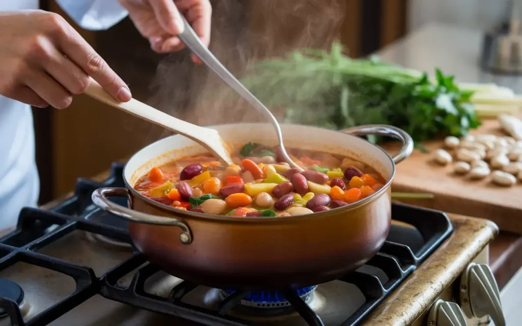 Chef cooking a hearty bean and vegetable stew in a rustic kitchen