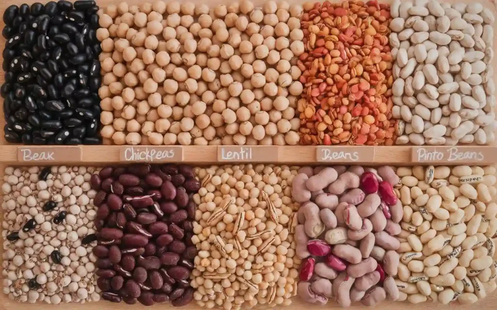 Various types of beans laid out on a wooden board with labels