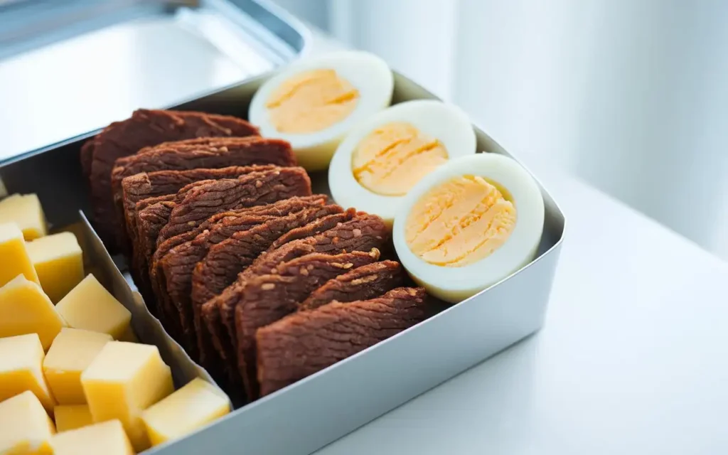 A meal prep container with beef jerky, boiled eggs, and cheese slices for a carnivore diet-friendly lunch