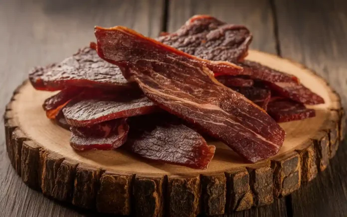 A pile of beef jerky slices on a wooden board, showcasing its high protein content for the carnivore diet