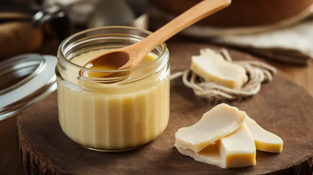 A jar of rendered beef tallow with a spoon.