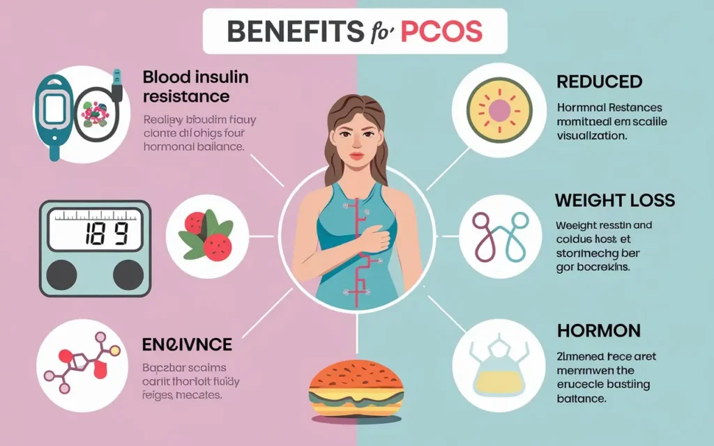 Infographic listing benefits of intermittent fasting for PCOS management