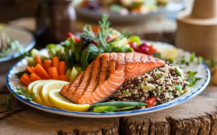 A healthy pescatarian meal featuring grilled salmon, quinoa, and fresh vegetables on a rustic wooden table