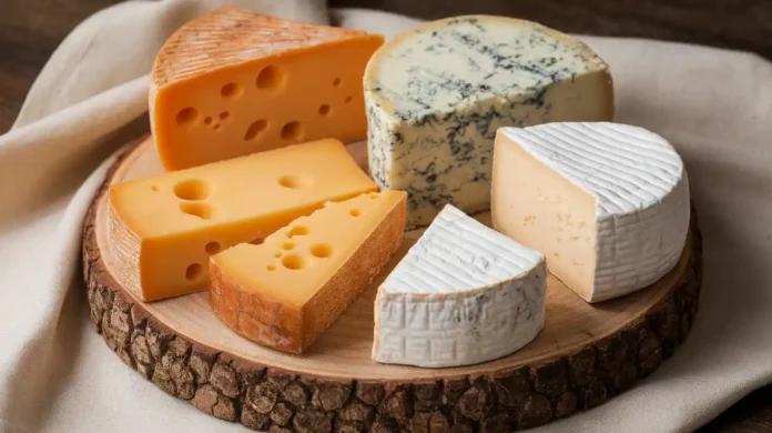 Assorted cheeses suitable for the carnivore diet displayed on a wooden board.