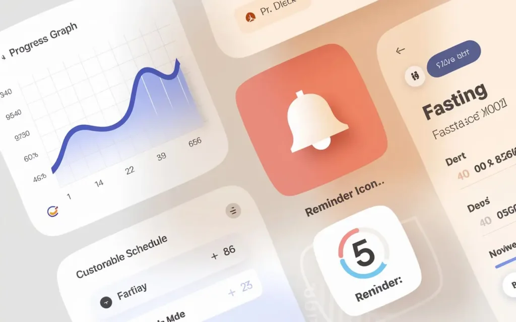 Highlighted key features of the best free fasting calculator, shown through colorful app UI elements