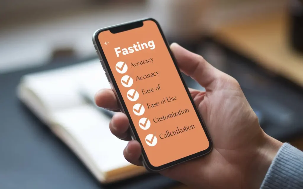 A user comparing fasting calculator options on a smartphone, with checkmarks on a digital checklist