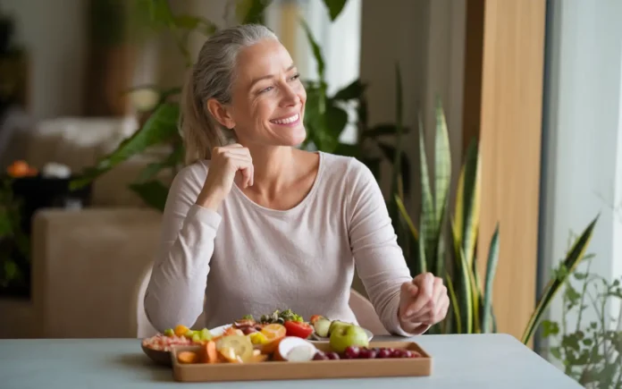 A vibrant middle-aged woman enjoying a healthy meal during intermittent fasting, emphasizing the best intermittent fasting for menopause