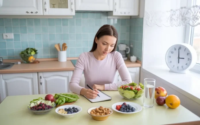 A woman planning her intermittent fasting schedule for PCOS with a notebook and healthy meals.