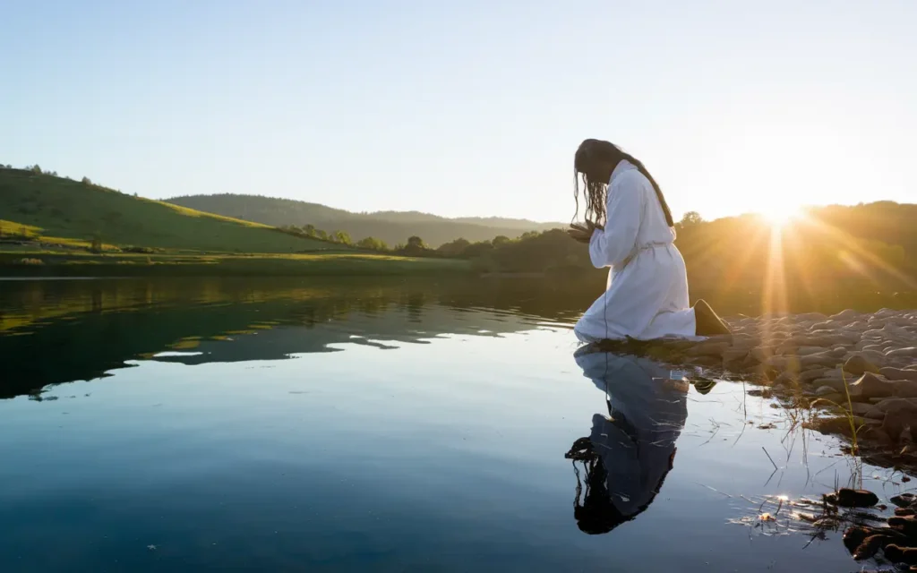 Peaceful sunrise over a lake with a person in prayer