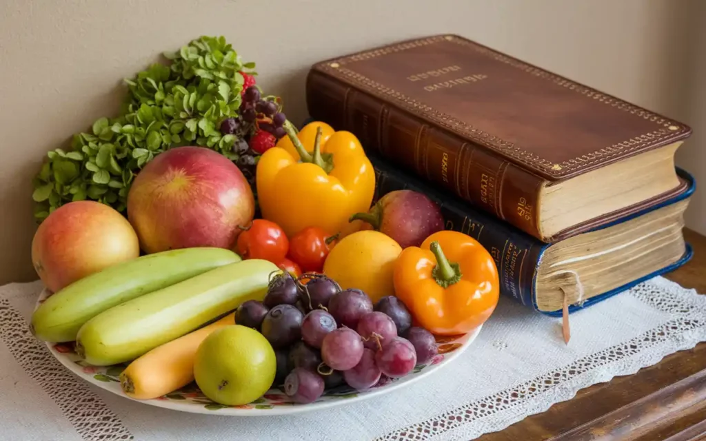 Healthy fruits and vegetables next to a Bible for a Daniel fast