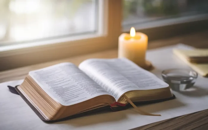 Bible verses about fasting with an open Bible and a lit candle