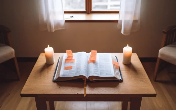 An open Bible with highlighted verses for fasting and spiritual breakthroughs