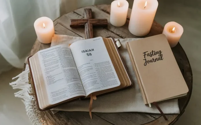 A serene image of a Bible open to Isaiah 58 with a cross and fasting journal nearby, emphasizing "bible verses for fasting