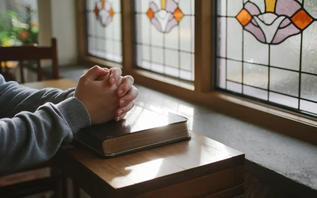 A symbolic image of hands folded in prayer with a Bible and a light ray shining on it.