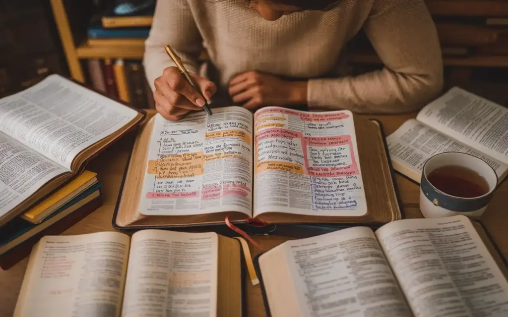 A Bible scholar studying scriptures about fasting with a notepad.