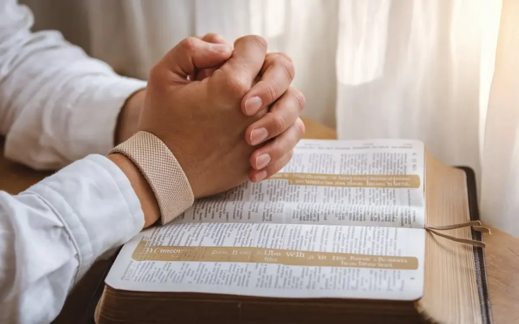 An individual praying with an open Bible on fasting verses.