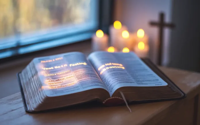 A Bible open to fasting scriptures with a glowing light on the pages.