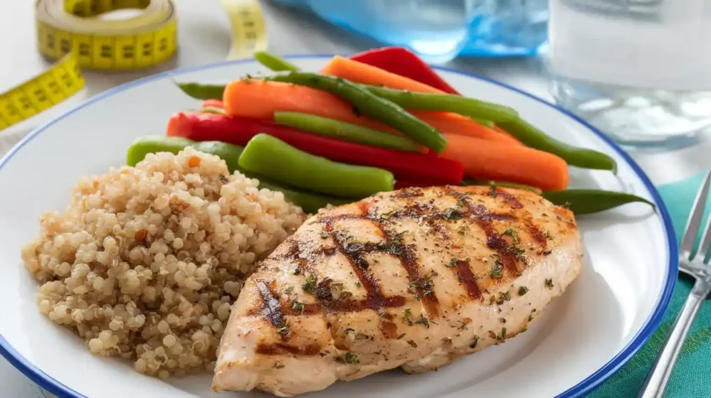 A balanced Biggest Loser Diet meal with grilled chicken, quinoa, and vegetables.