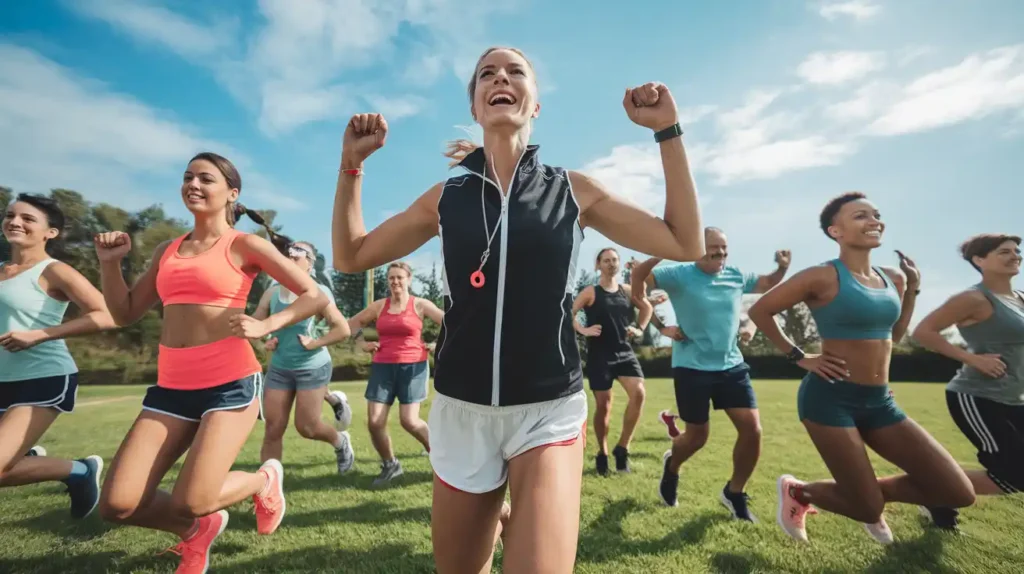  A fitness trainer guiding a group workout as part of the Biggest Loser Diet program.