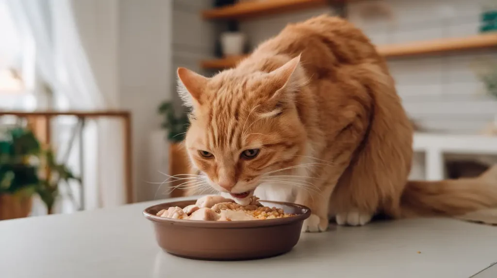 A happy orange tabby cat eating a bowl of bland food