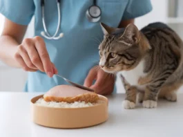 A veterinarian preparing a bland diet for a cat in a clinical setting