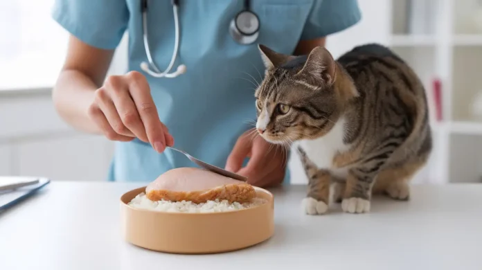 A veterinarian preparing a bland diet for a cat in a clinical setting