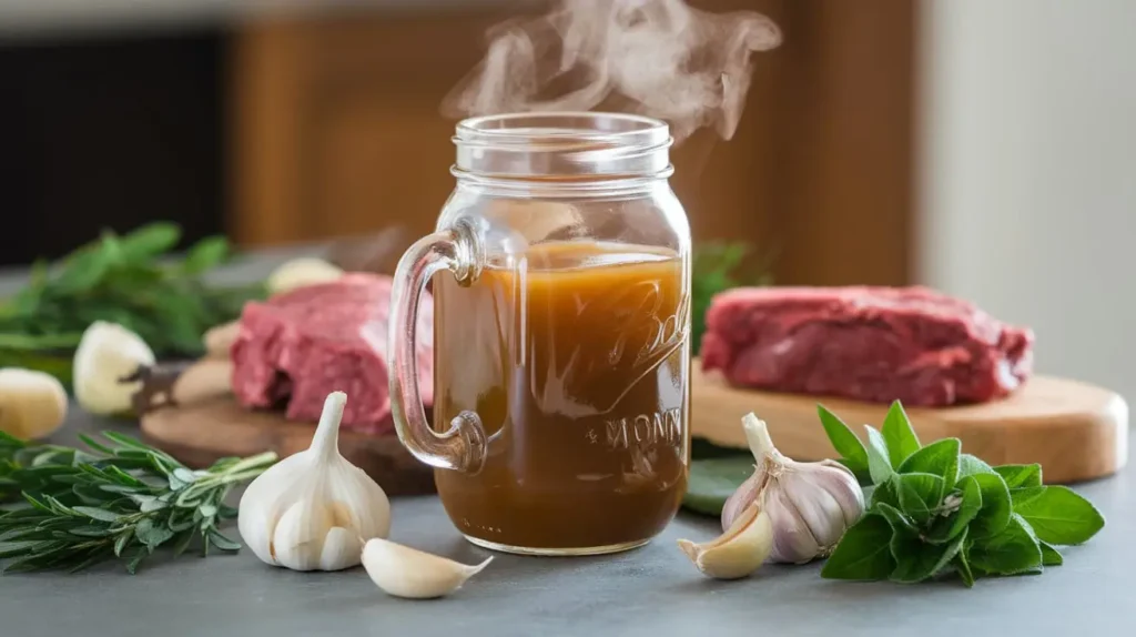 A mason jar filled with rich, homemade bone broth.