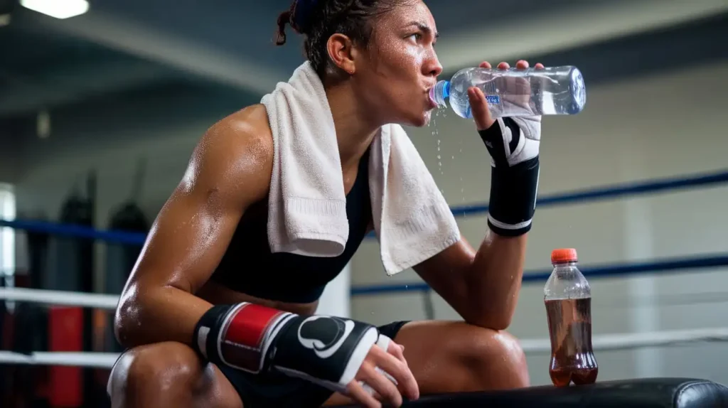 A boxer drinking water with electrolytes during training.