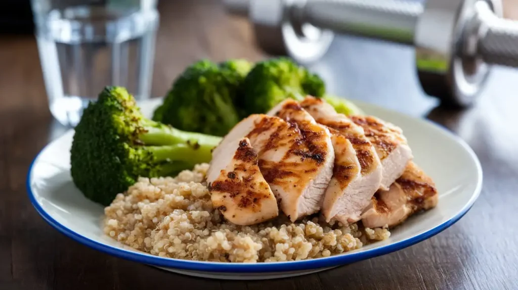 A balanced meal with grilled chicken, quinoa, and vegetables illustrating macronutrients.