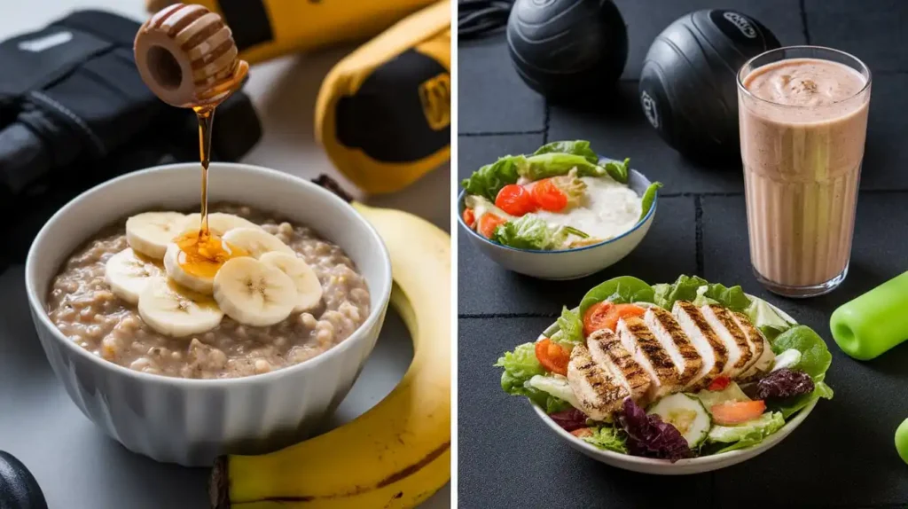 Pre- and post-training meals for a boxer, featuring oatmeal and a protein shake.
