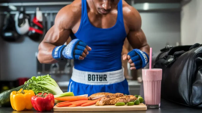 A boxer preparing a healthy meal with a variety of fresh ingredients.