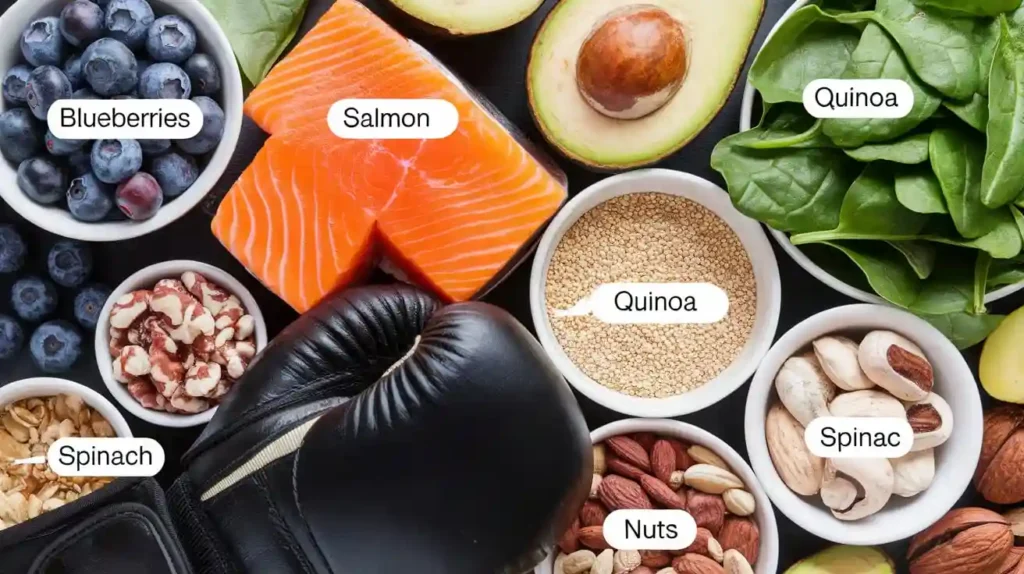 A selection of superfoods including blueberries, spinach, and salmon for a boxer diet.