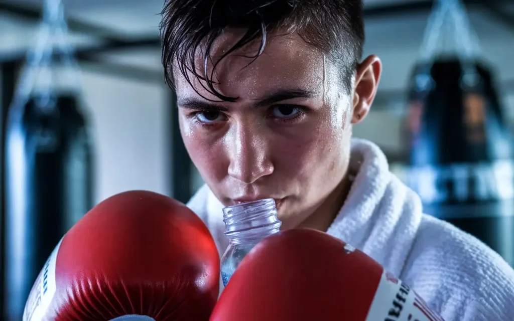 A boxer hydrating with a bottle of water, highlighting hydration in a boxers diet