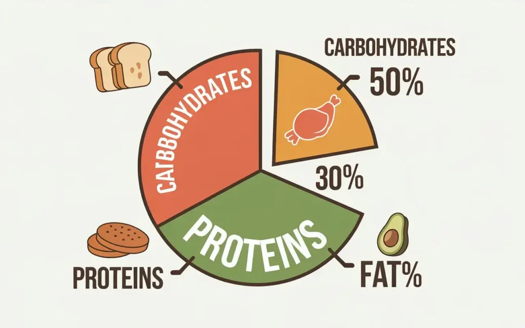 A pie chart showing the macronutrient breakdown in a boxers diet: carbohydrates, proteins, and fats