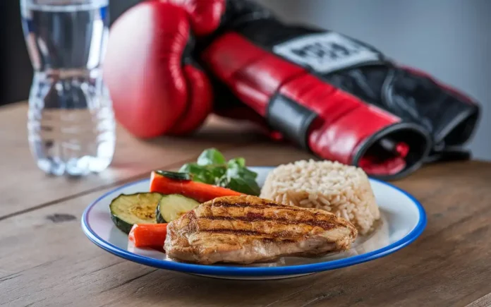 A balanced meal plan designed for a boxers diet, featuring grilled chicken, vegetables, and brown rice on a plate.