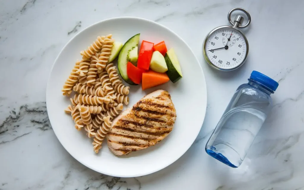 A pre-fight meal for a boxers diet, featuring pasta with grilled chicken and vegetables