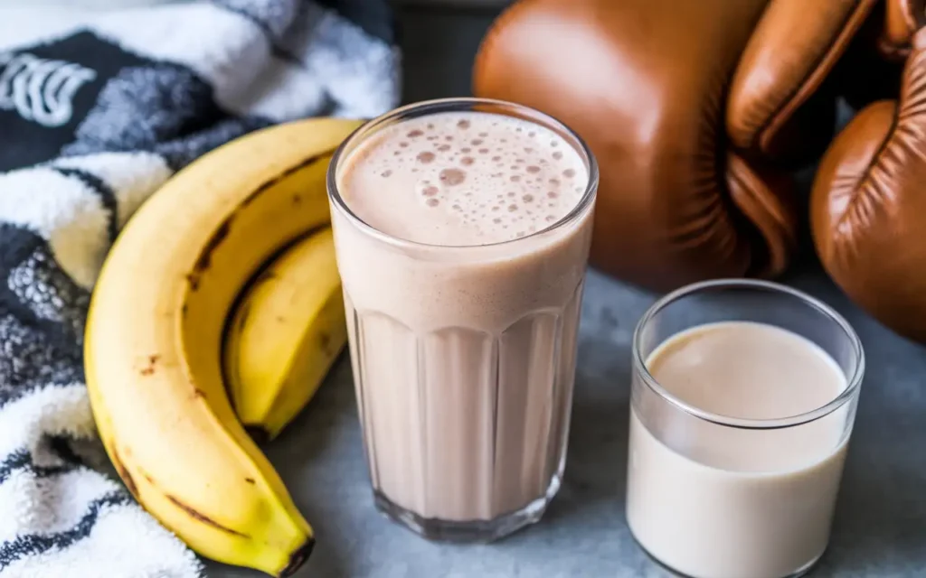 A recovery shake as part of a boxers diet, made with protein powder, bananas, and almond milk