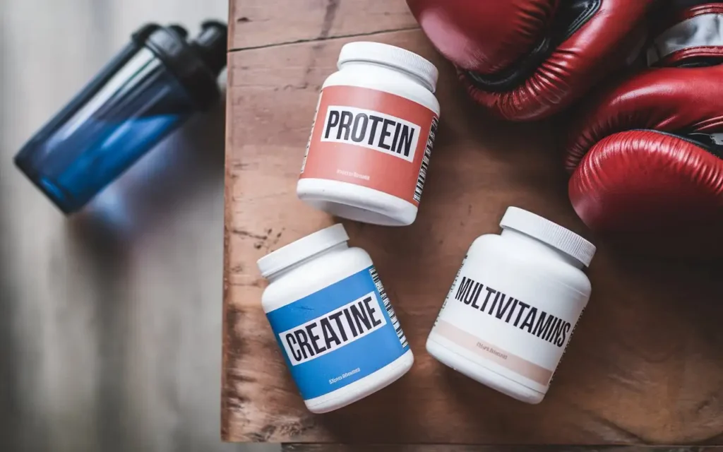 A collection of supplements essential for a boxers diet, including protein powder, multivitamins, and creatine