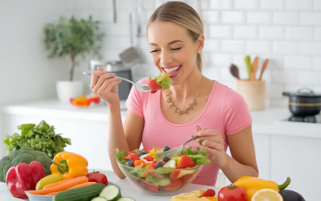 A fit woman smiling with a healthy meal on the table