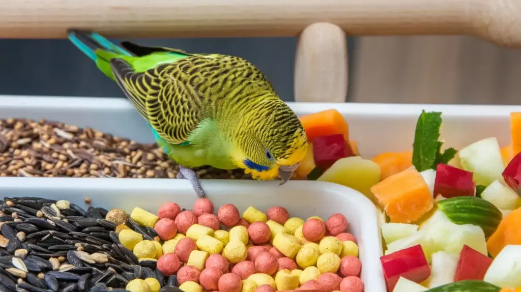 A budgie exploring a tray with seeds, pellets, and fresh vegetables like carrots and spinach.