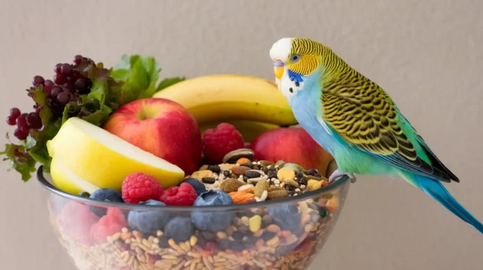 A vibrant image of a happy budgie surrounded by a variety of fresh fruits, vegetables, seeds, and pellets, showcasing a balanced budgie diet.