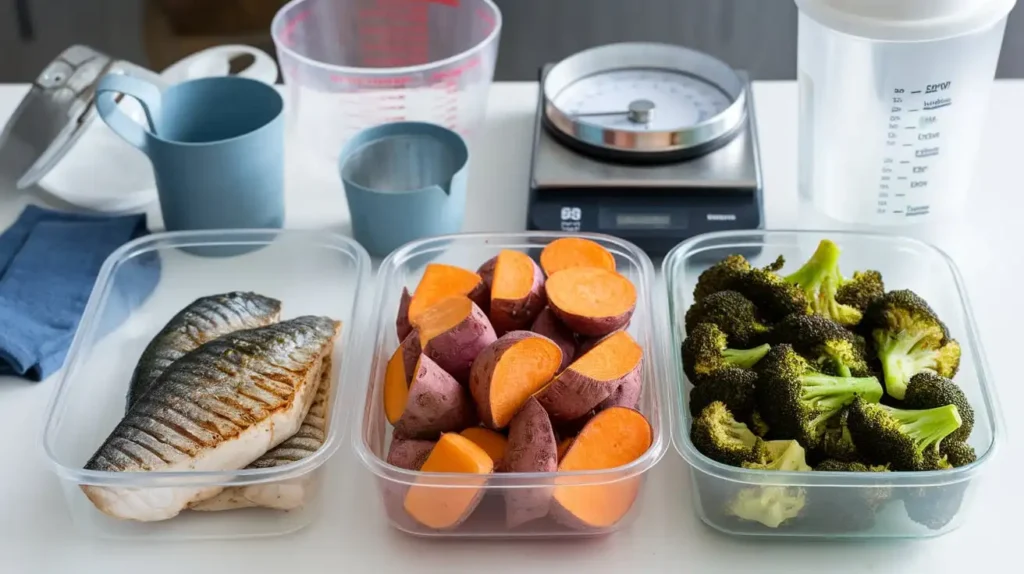 Three prepped meals for a calisthenics diet, with portioned proteins, carbs, and vegetables