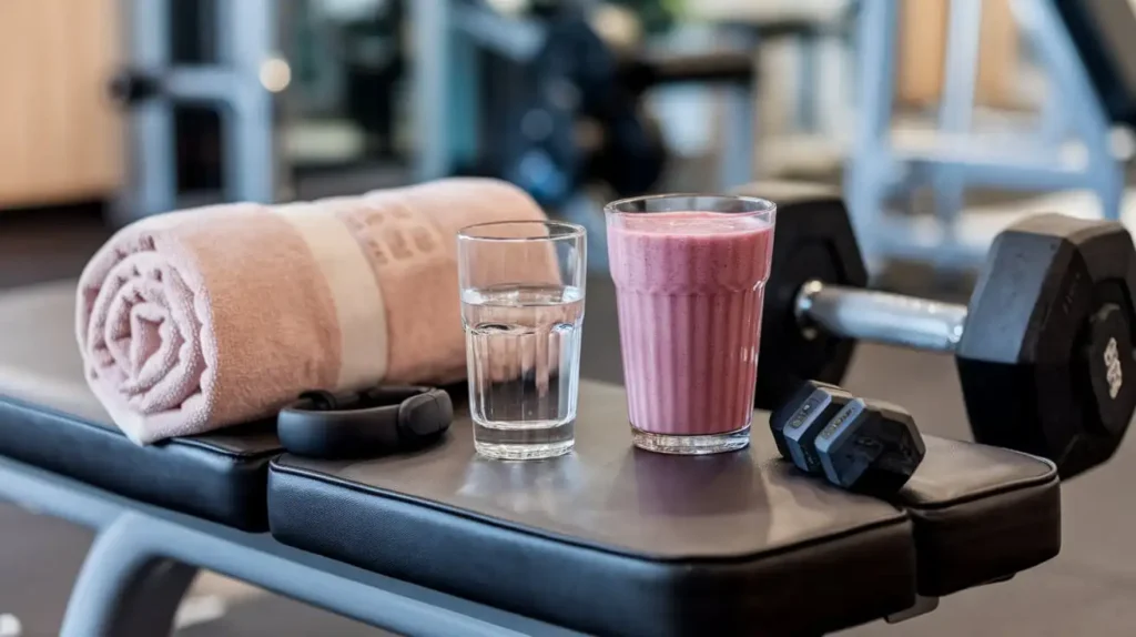 A glass of water and a recovery smoothie for the calisthenics diet, placed next to workout gear