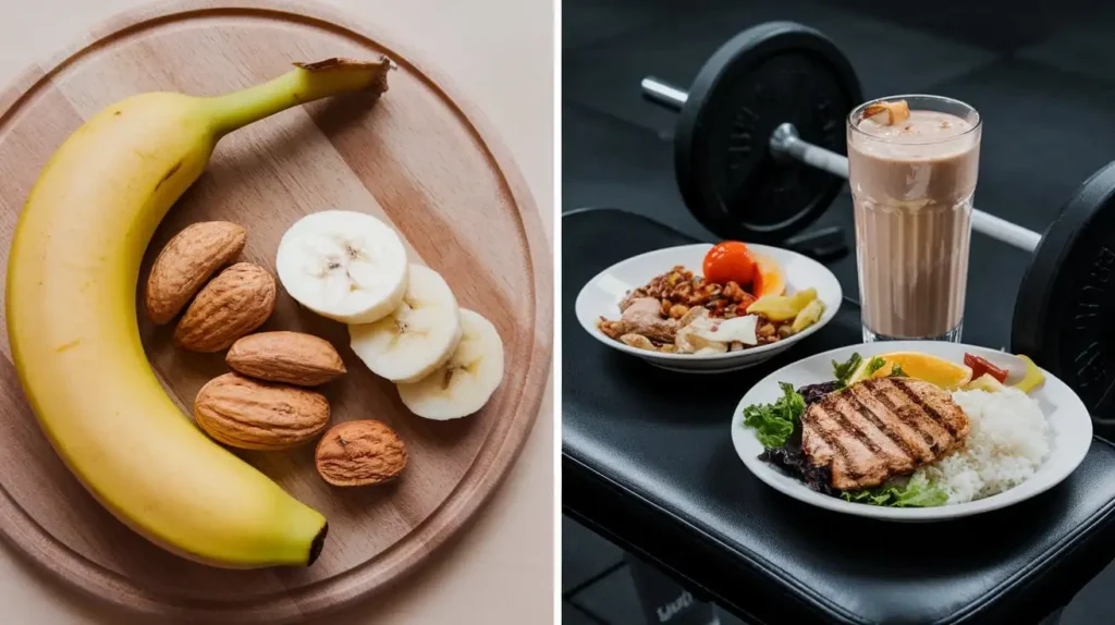 Pre- and post-workout meals for a calisthenics diet, featuring a banana and protein shake