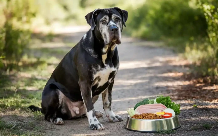 A Cane Corso sitting near a bowl of fresh dog food as part of a healthy diet