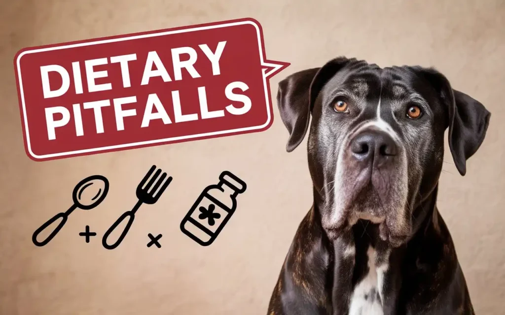 A warning sign and examples of common mistakes in the Cane Corso diet